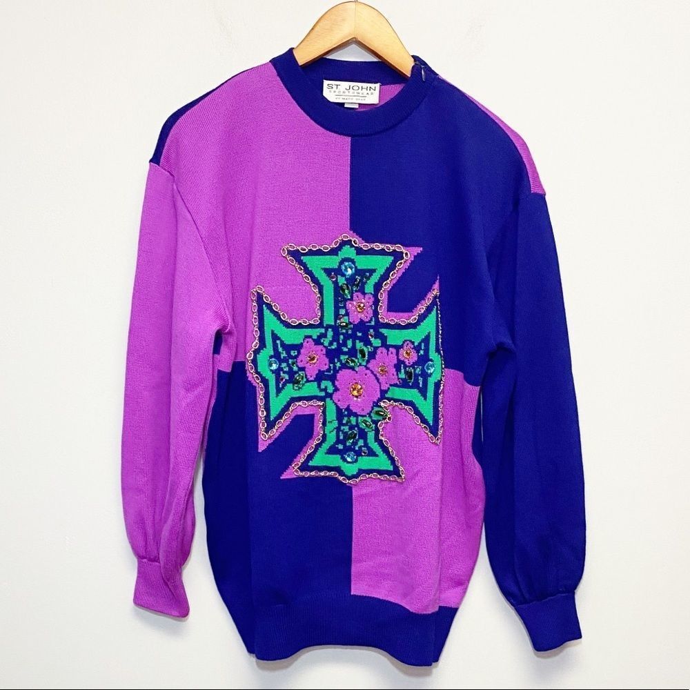 St. John | Colorblock Cross Embellished Sweater
